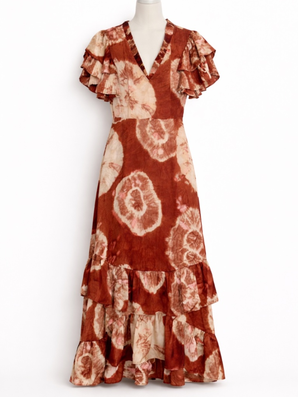 Boho Tie Dye Ruffle Maxi Dress Resort Wedding Guest Small NWT - Picture 2 of 9